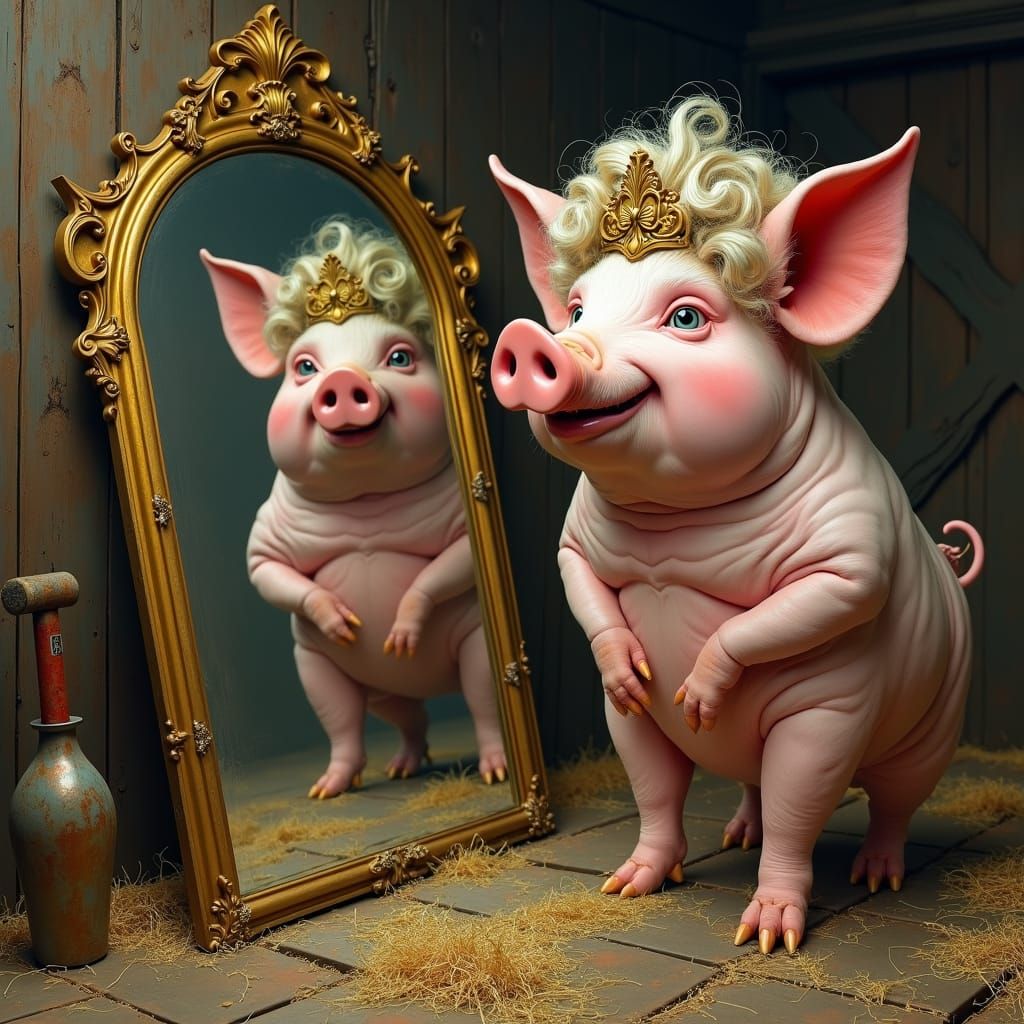 Satirical Pig in Rococo Style with Crown and Wig