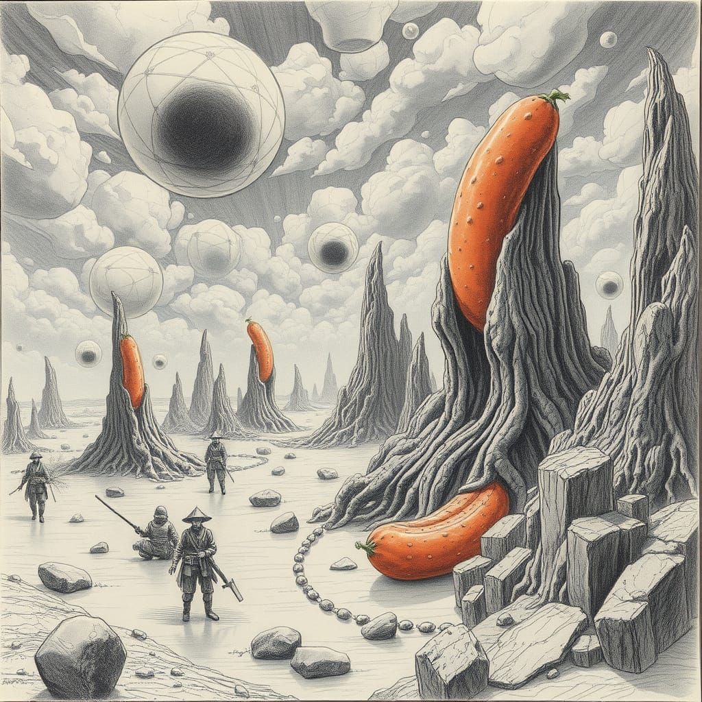 Surreal Sausage Dreamscapes in Hyperdetailed Cubist Style