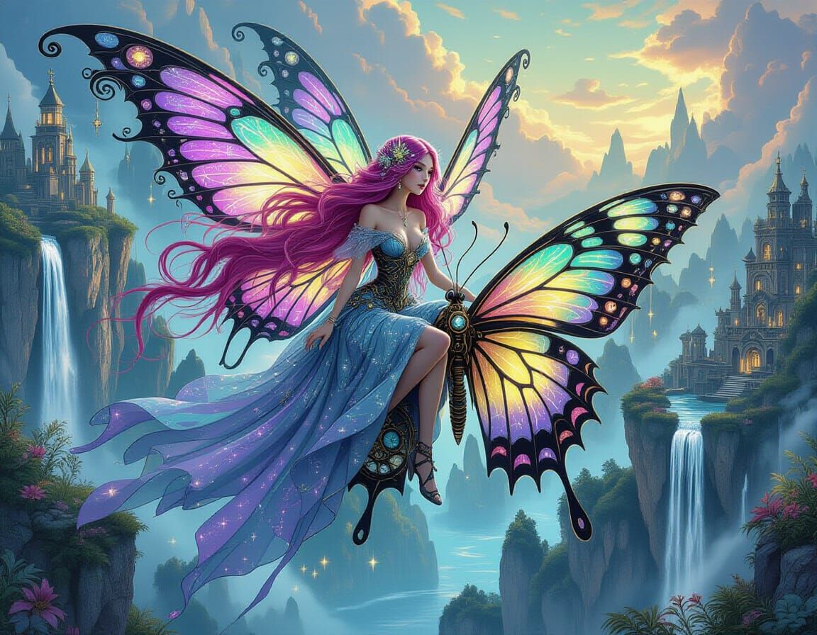 Gothic Fairy on Clockwork Butterfly in Steampunk Style