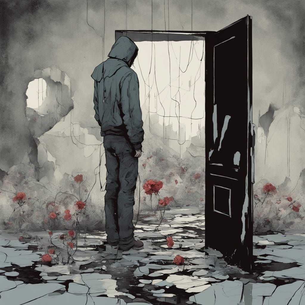 Surreal Figure Amidst Broken Mirrors and Flowers