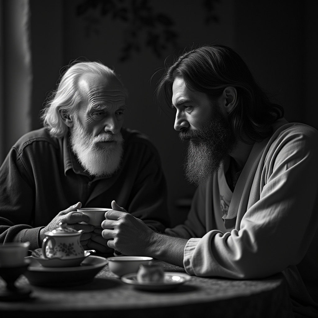 Freud and Jesus Share Tea in Moody Portrait