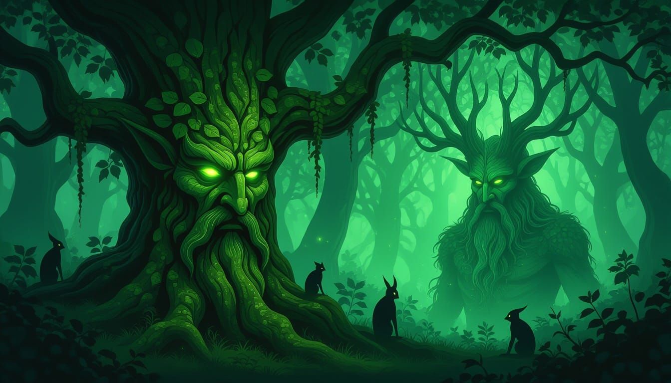 Mystical Woodland Scene with Green Man and Ethereal Mist