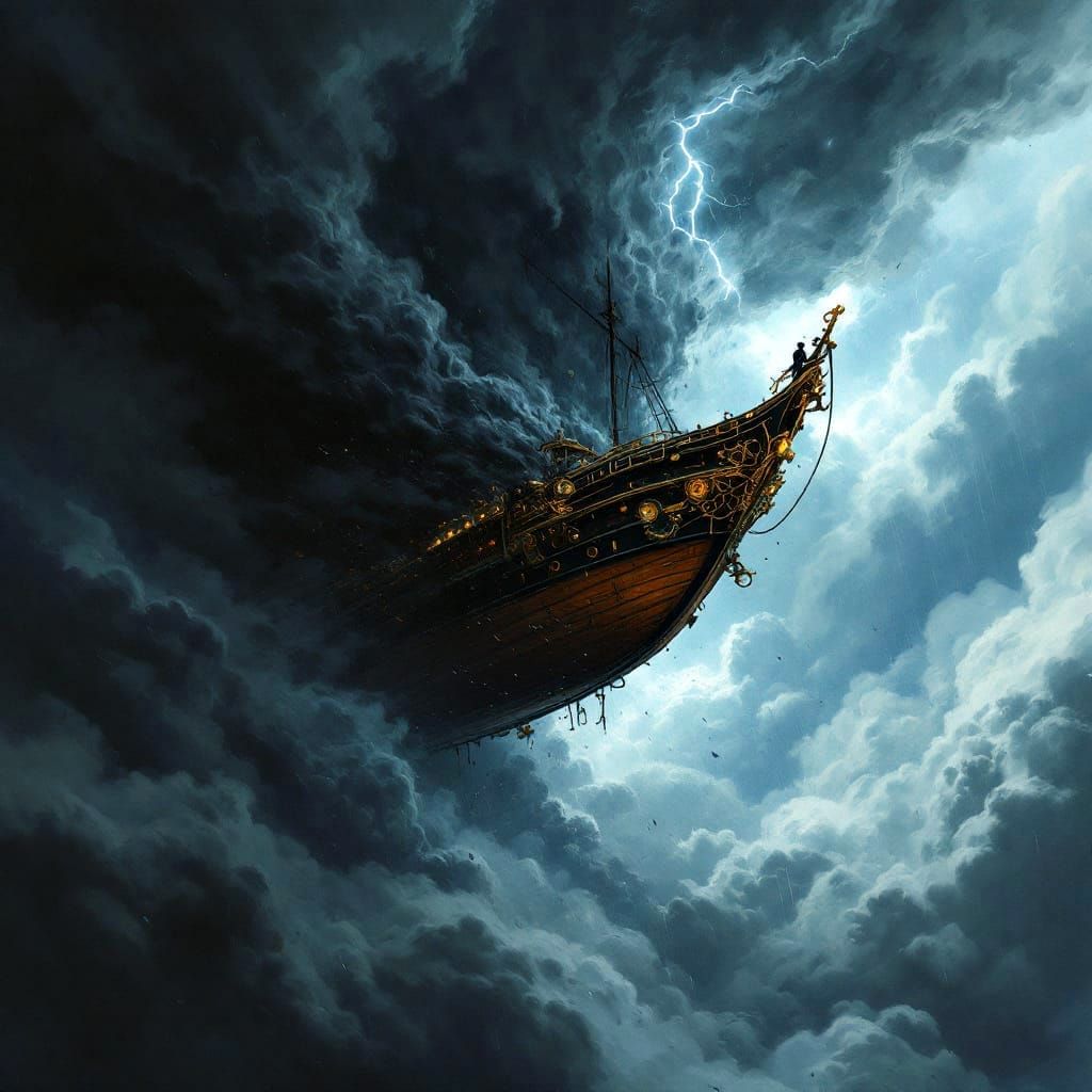 Steampunk Skyship Emerges from Storm: Ink Painting