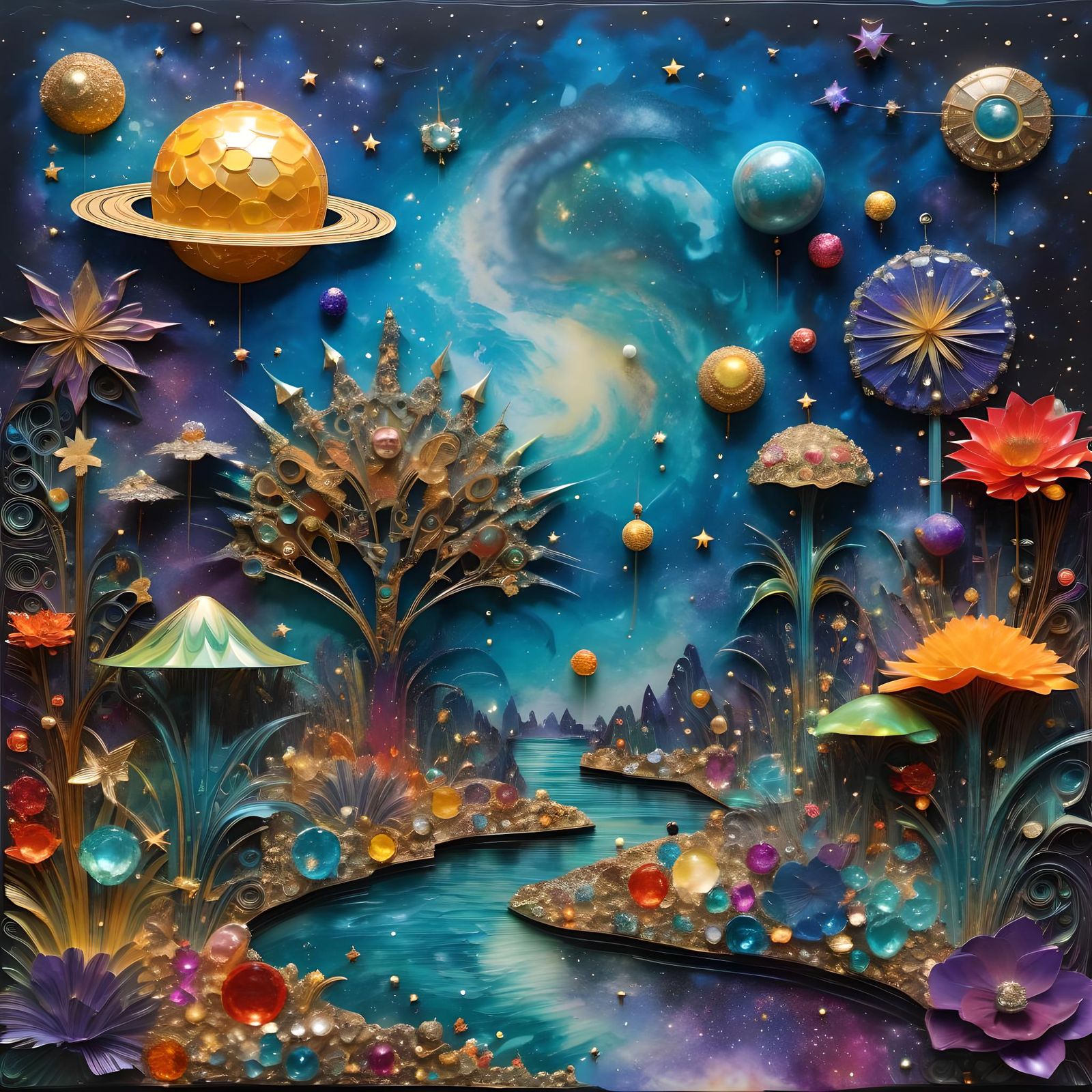 Bejeweled Galactic Oasis: Paper-Crafted Encaustic Masterpiec...