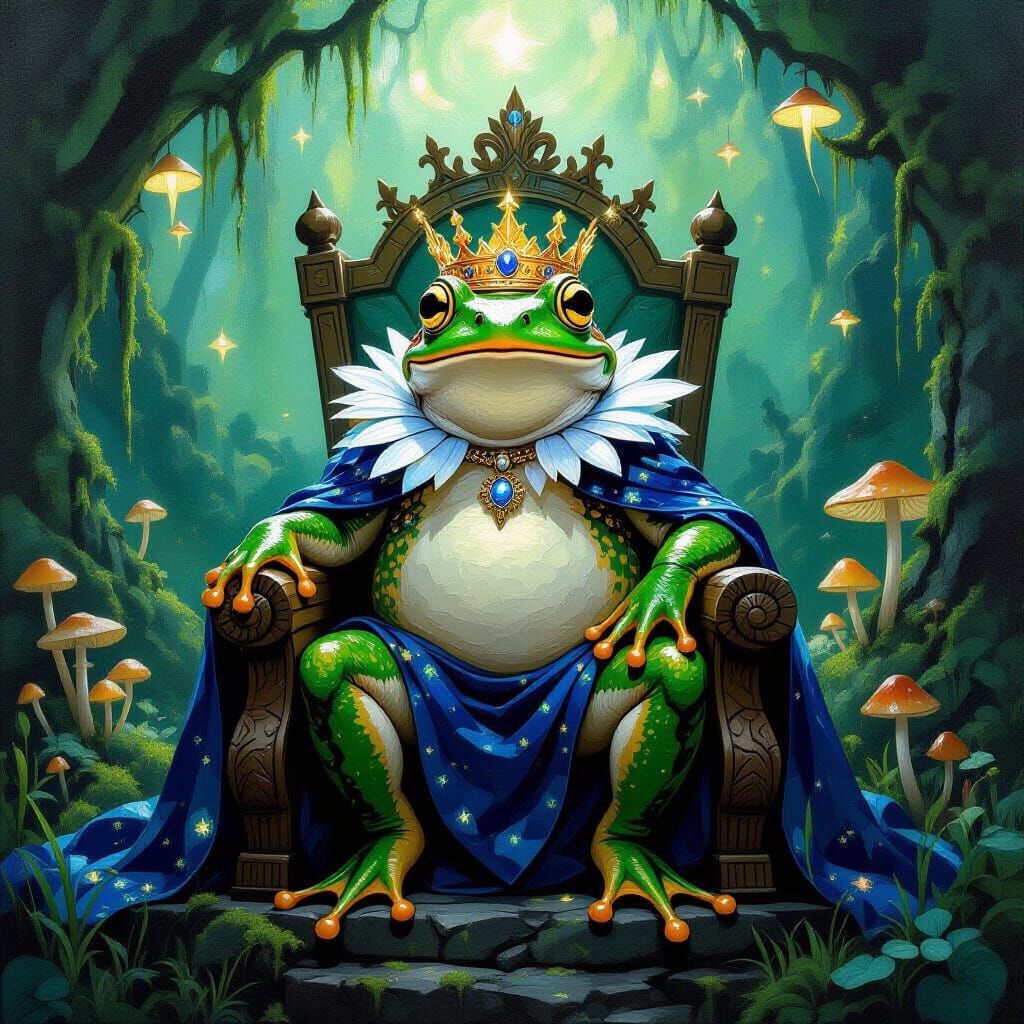 Majestic Frog King on Throne in Ethereal Glade
