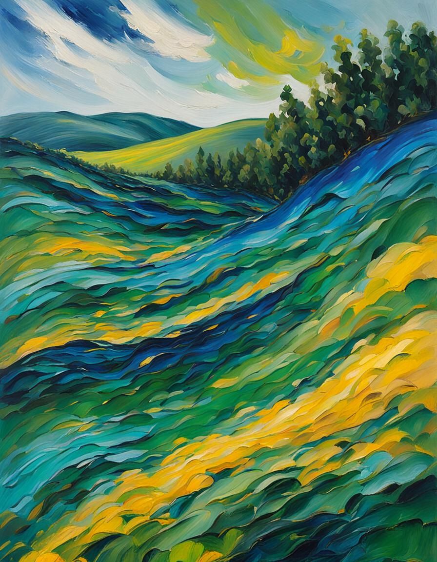 Expressionist Hill in Emerald and Sapphire, as Oil Painting