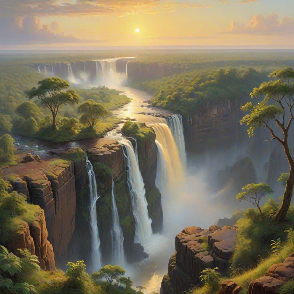 Majestic Victoria Falls at Sunset in Romantic Realism Style