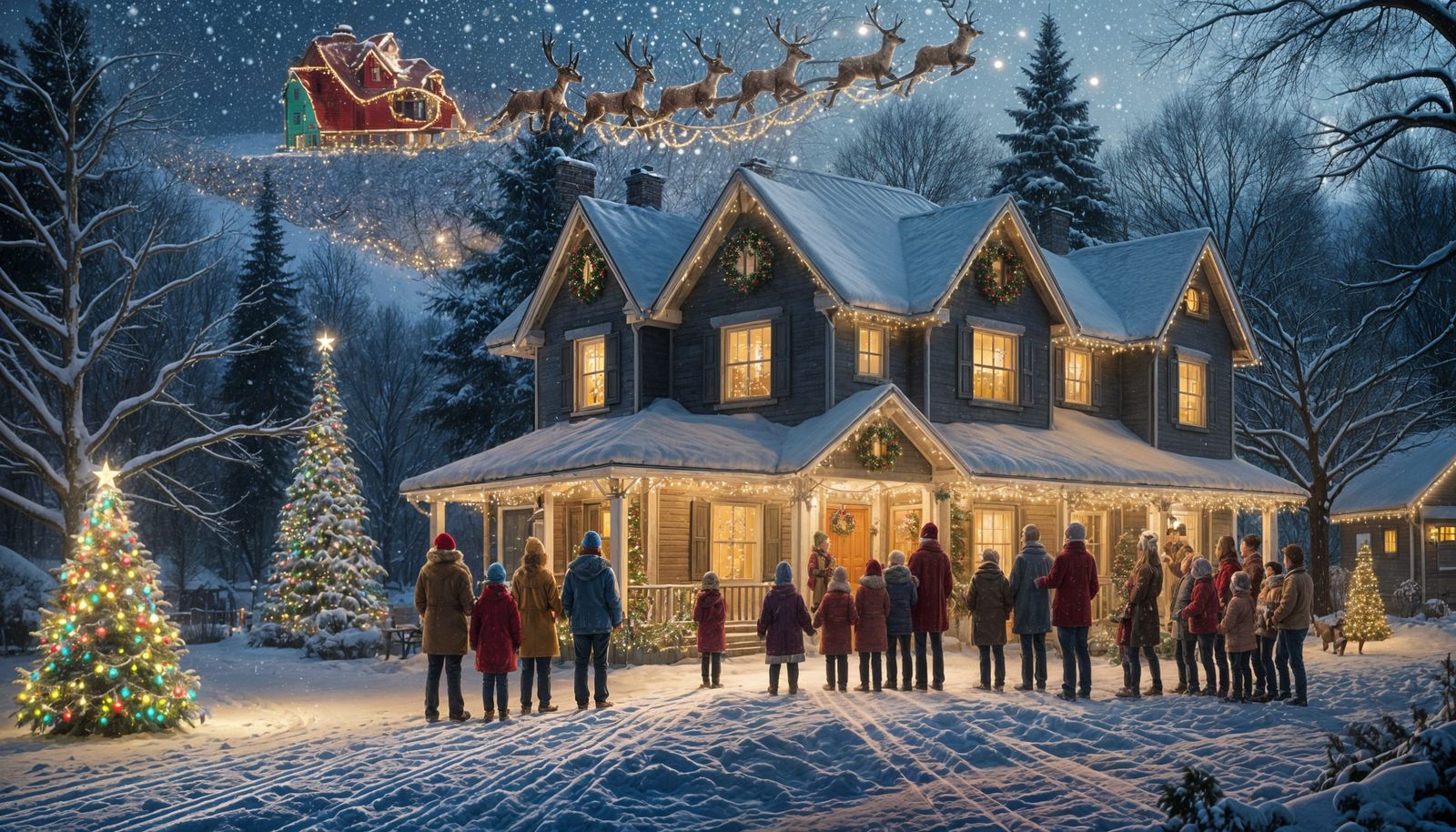 Brightly Lit House with Christmas Carolers on Snowy Night