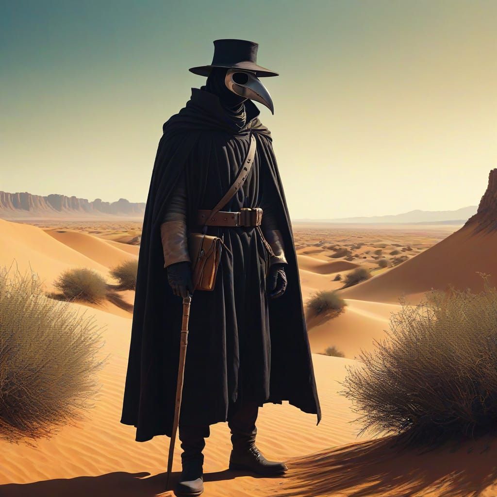 Ghibli-Inspired Plague Doctor in a Desert Landscape