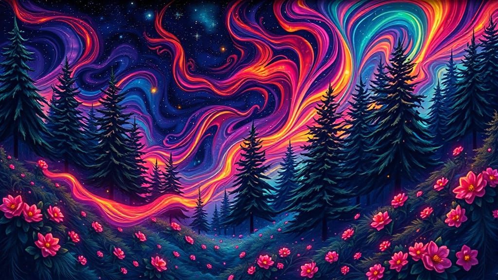 Midnight Forest with Neon Winds and Rainbow Fibonacci