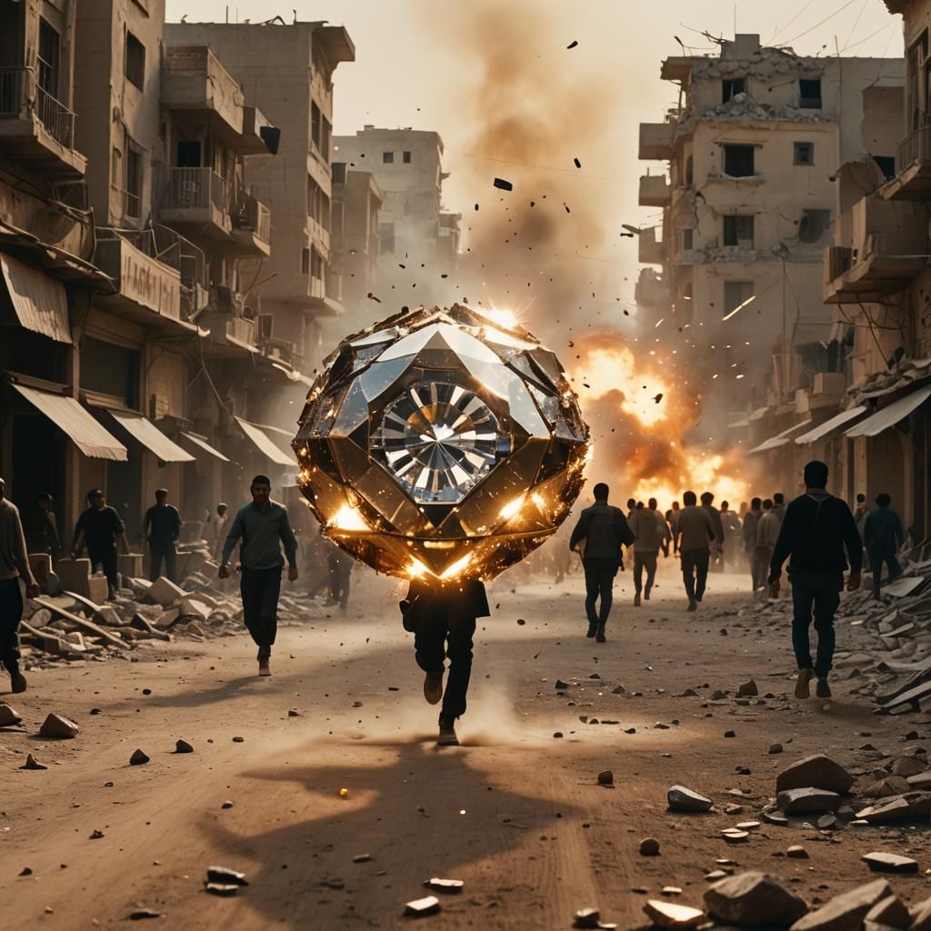 Koh-i-Noor Diamond Shines Amidst War-Torn Cityscape