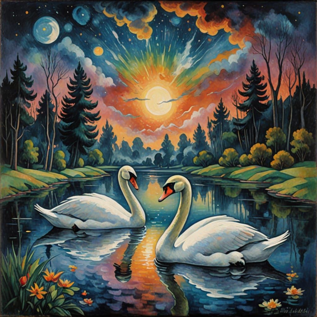 Dreamlike Oil Painting of Swans in a Nebula