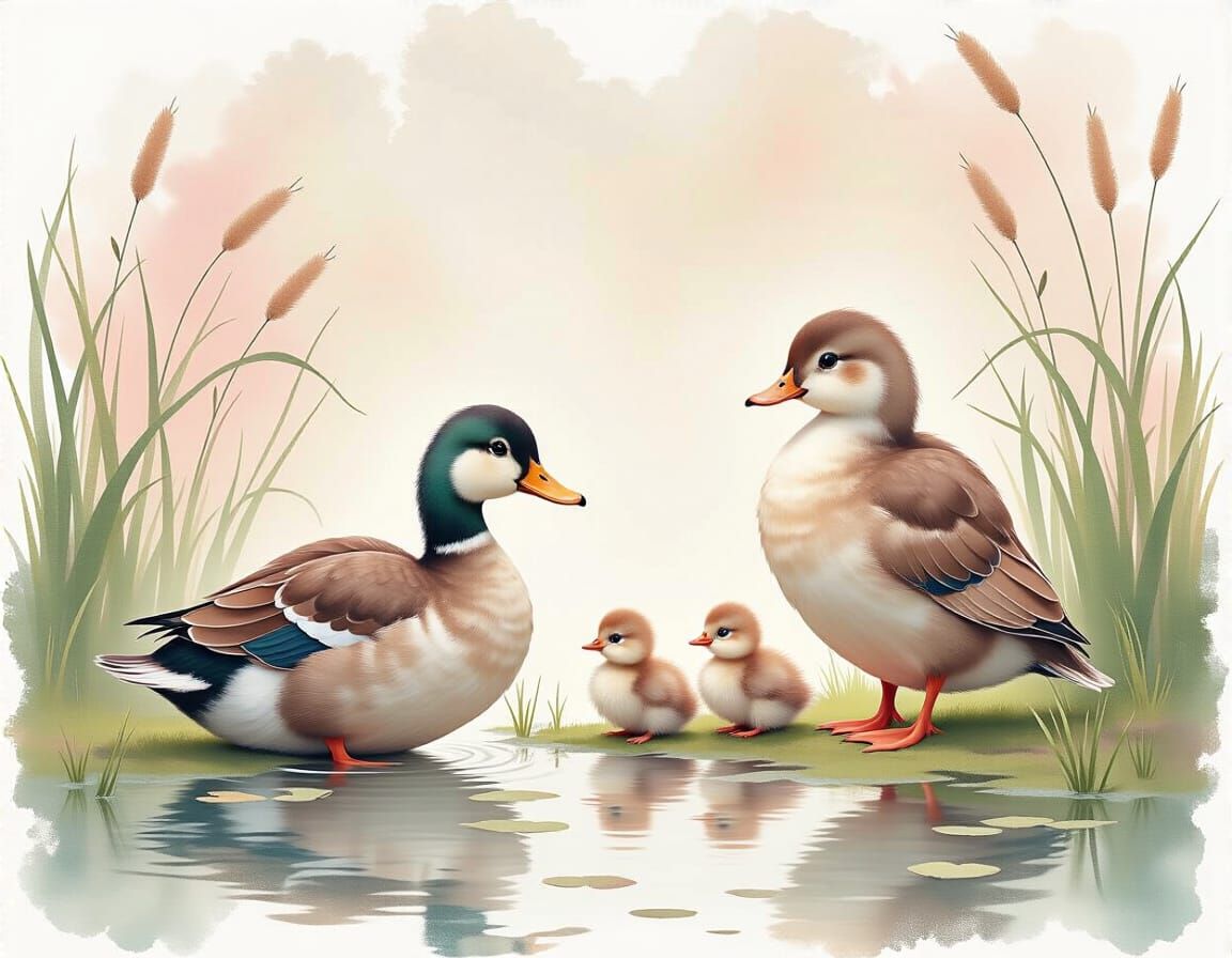 Duck Family in Marsh, Watercolor Storybook Style