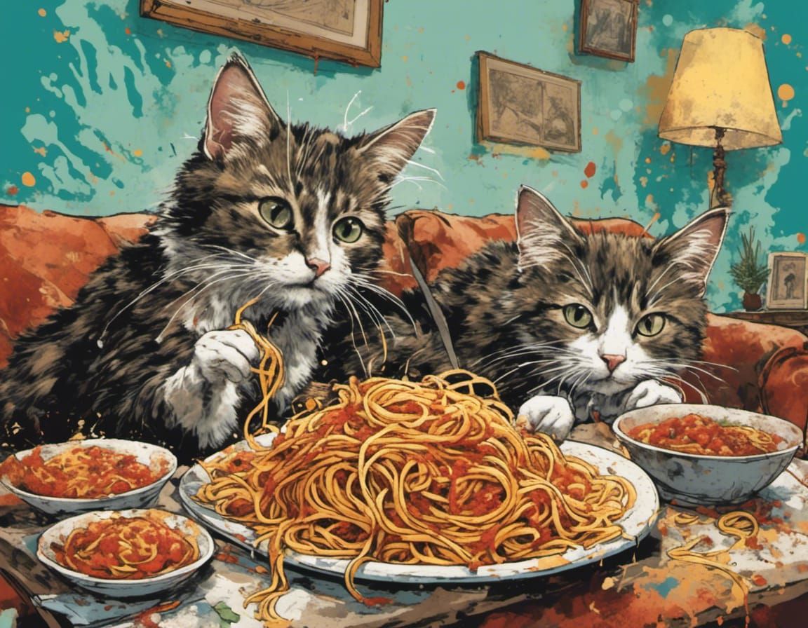 Cats Eating Spaghetti in Splatter Graffiti Style