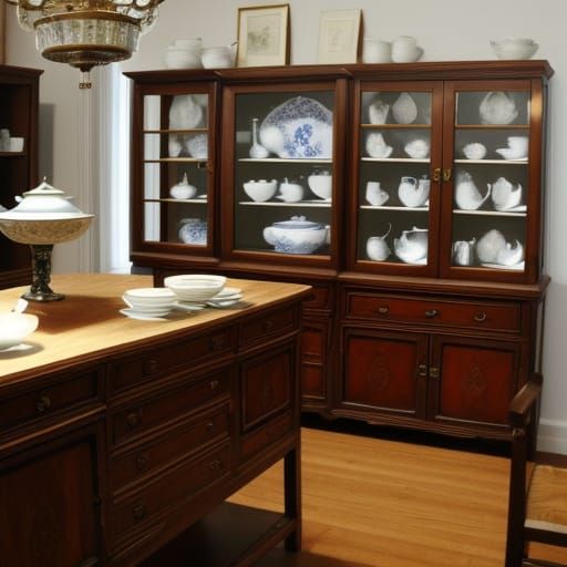 A roomful of Henredon furniture wooden china cabinets full of beautiful china.