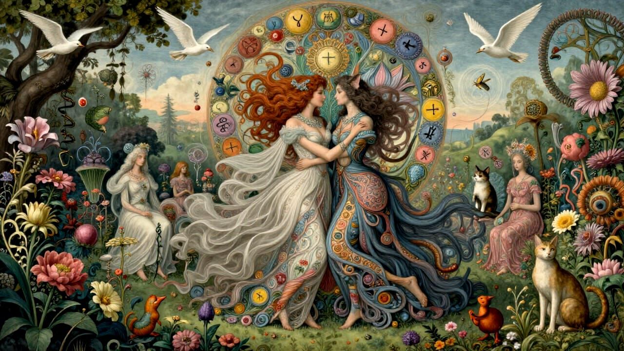 Surreal Garden Party with Woman, Cat, and Whimsical Creature...