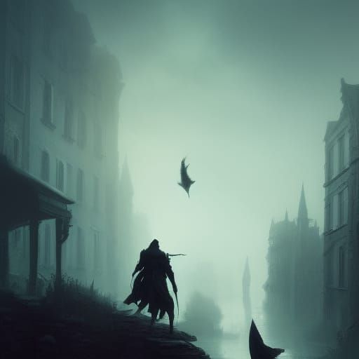 Flying Ghost Over Misty Town, Dark Fantasy Art
