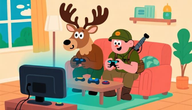 Elk and Hunter Play Video Games in Whimsical Cartoon Style