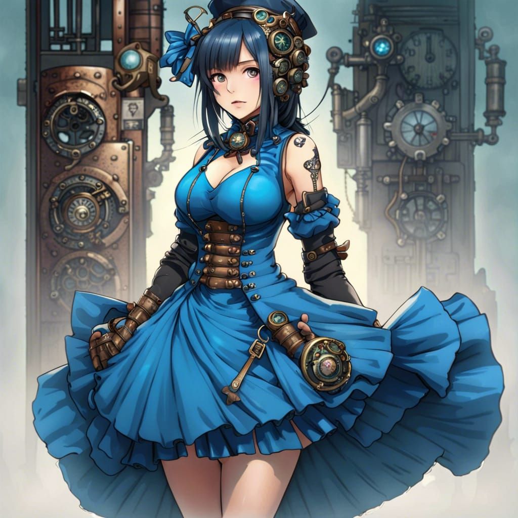 Steampunk Japanese Girl in Blue Dress