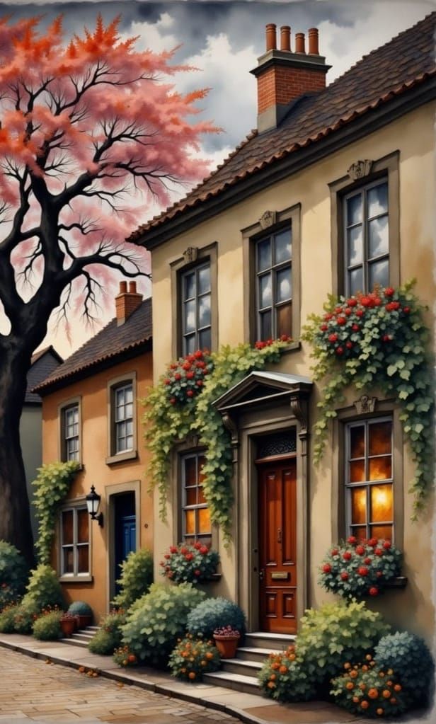 New England Village Square in Lush Watercolor Style