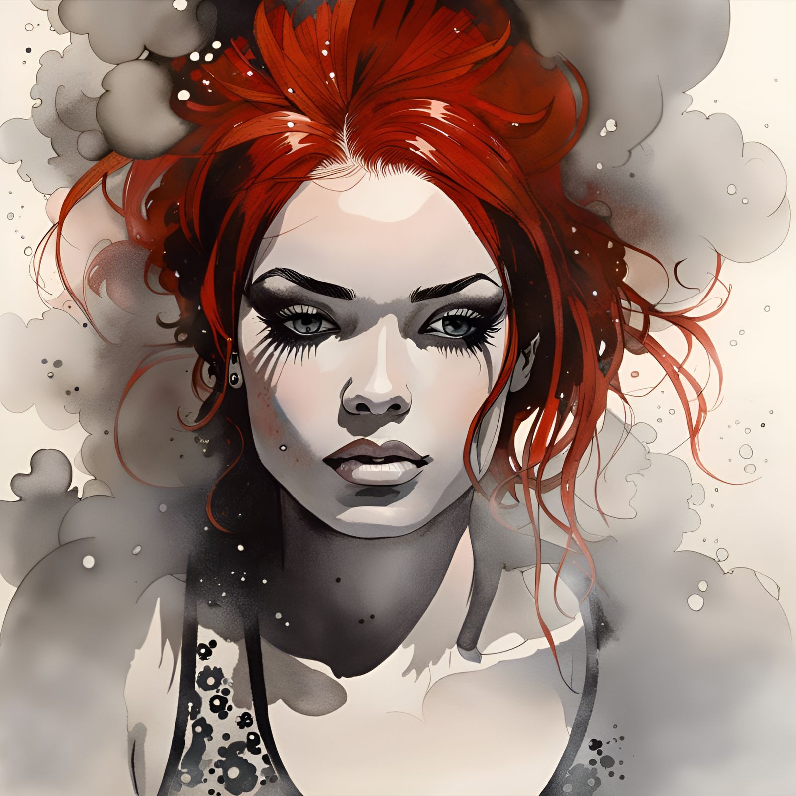 Punk Redhead in Steam Bath: Sumi Ink Style