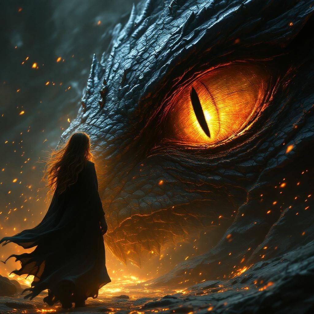 Woman Confronts Dragon Eye in Fantasy Artwork