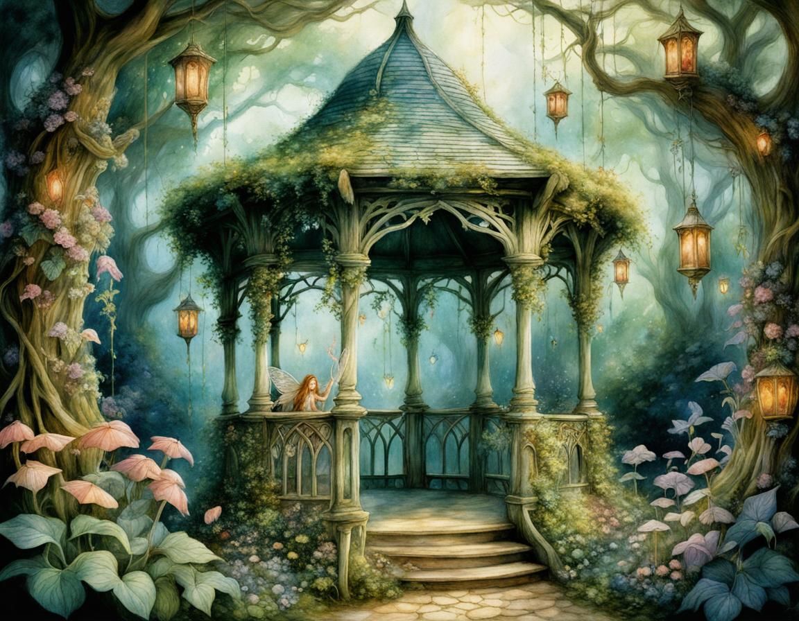 Enchanted Fairy Garden Gazebo: Fantasy Art Illustration