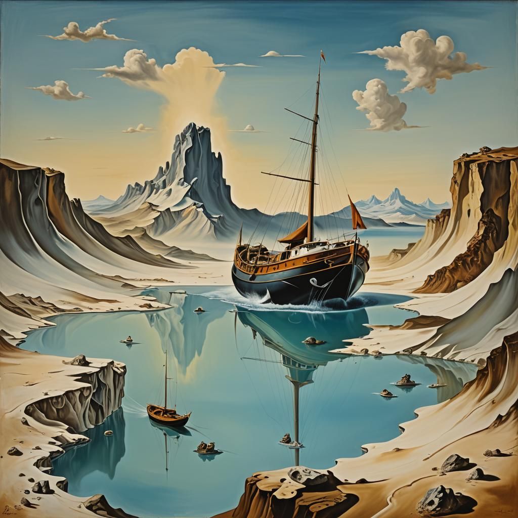 Surreal Sailboat Atop Mountain, Salvador Dali Style