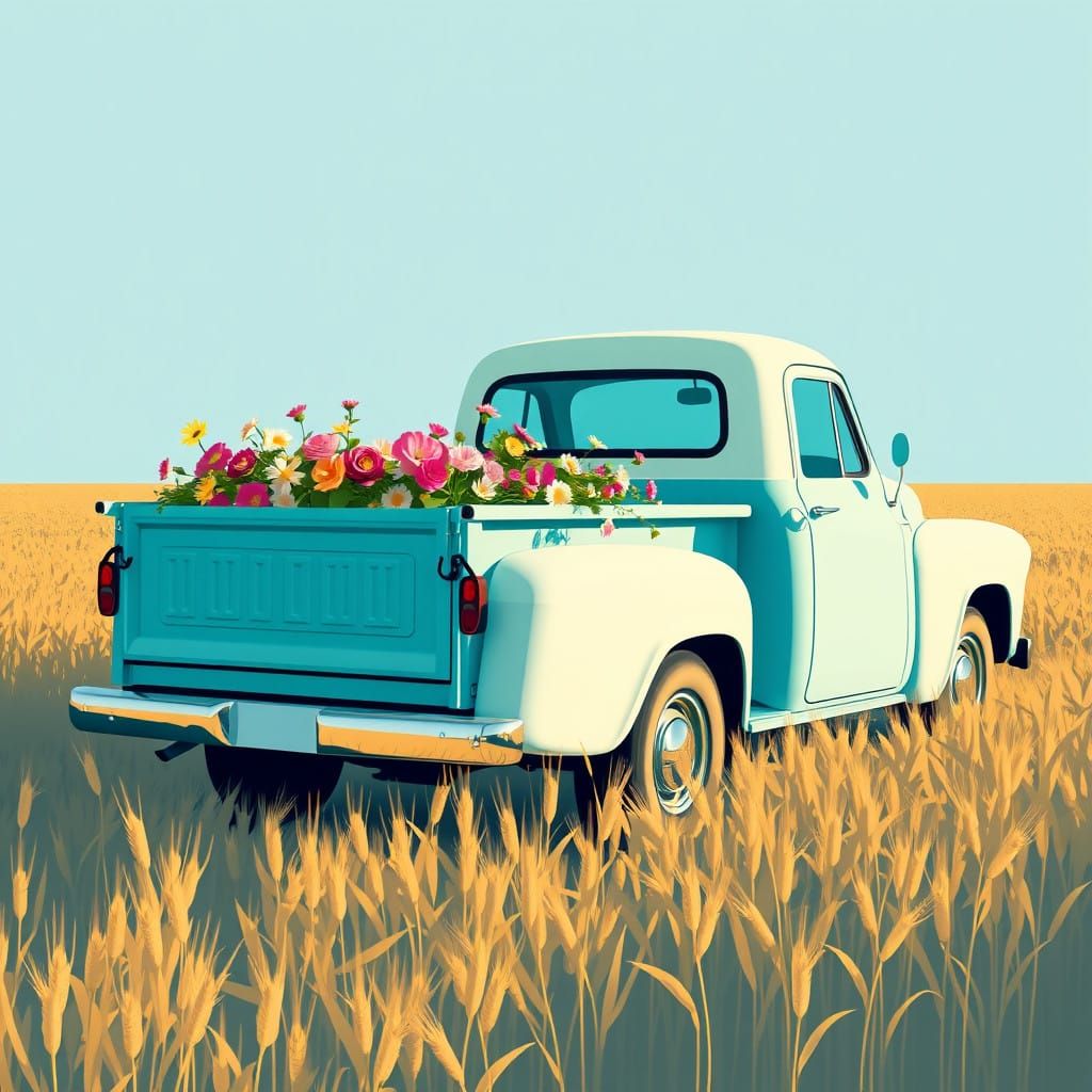 Abstract Aqua Retro Truck With Flowers In The Bed Of The Tru...