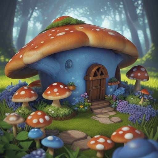 Enchanted Mushroom Pizza House with Smurfs: Digital Art