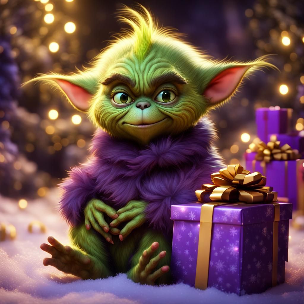 Fluffy baby Grinch with gifts for Christmas