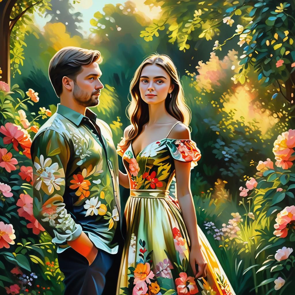 Couple in Garden: An Impasto Oil Painting