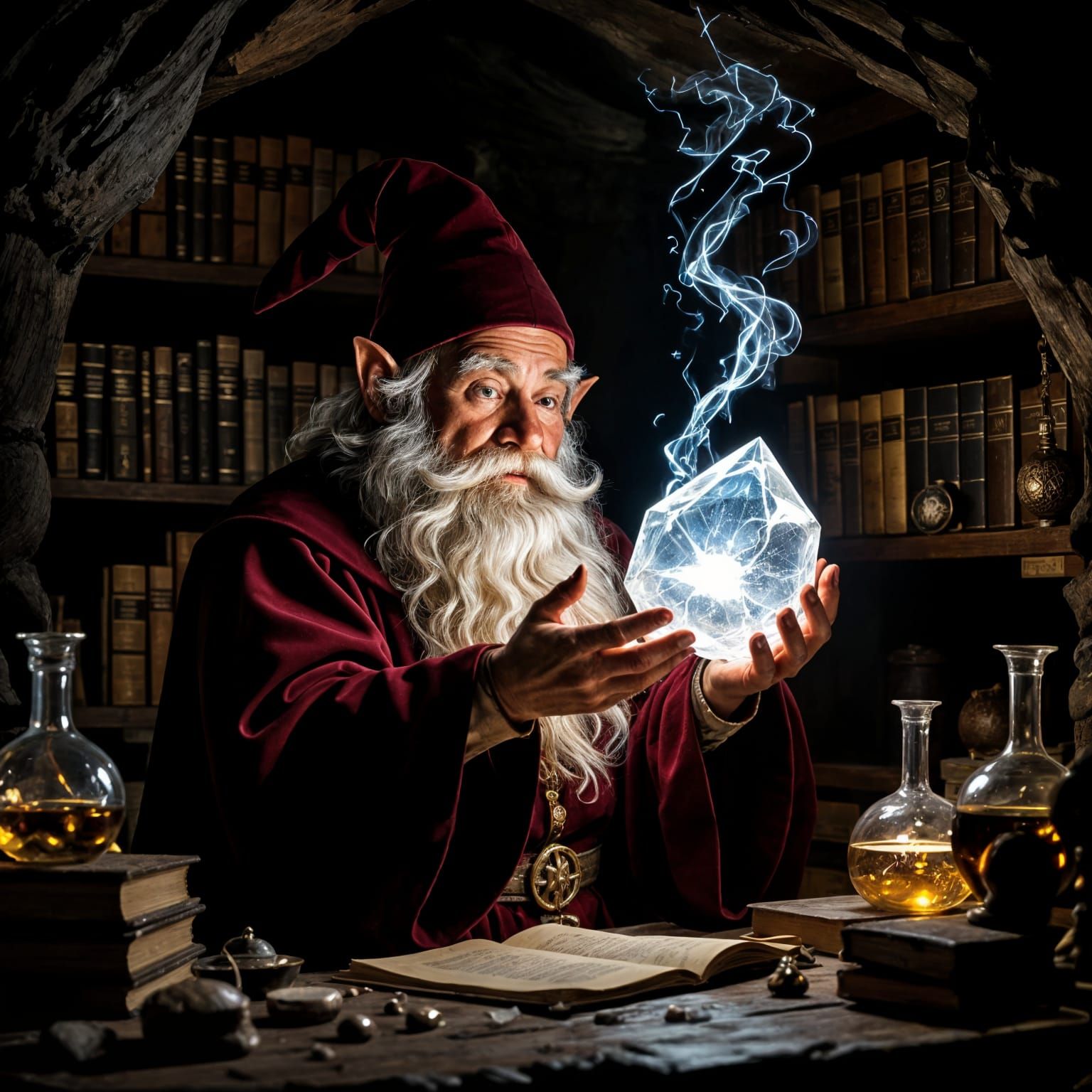 Gnome Scholar Examines Crystal, in Baroque Style