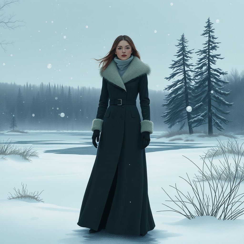 Muted Winter Lady in Frosty Landscape