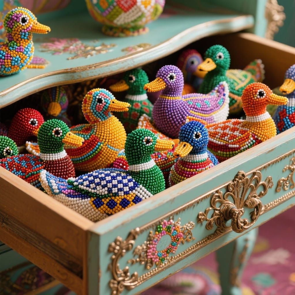 Beaded Micro-Crochet Ducks Overflowing from Ornate Drawer