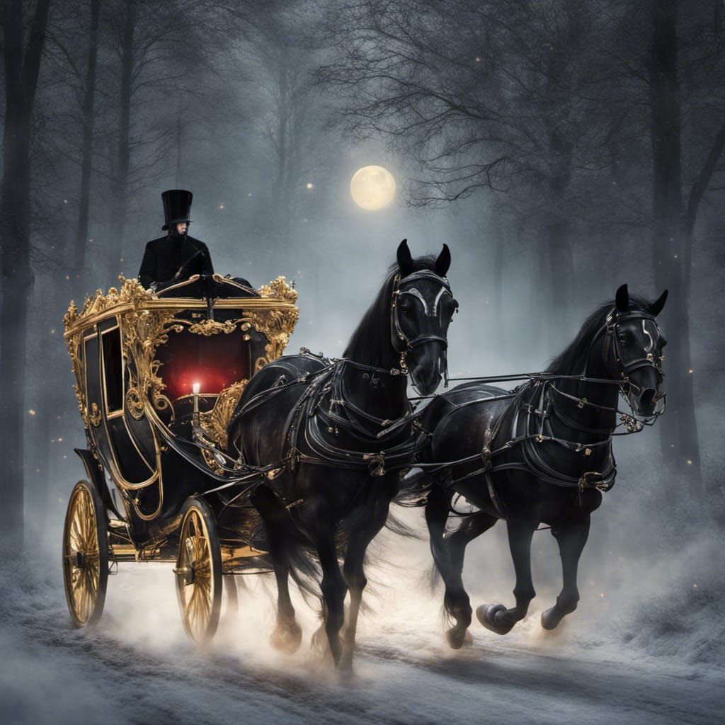 Ethereal Black and Gold Carriage in Moonlit Forest