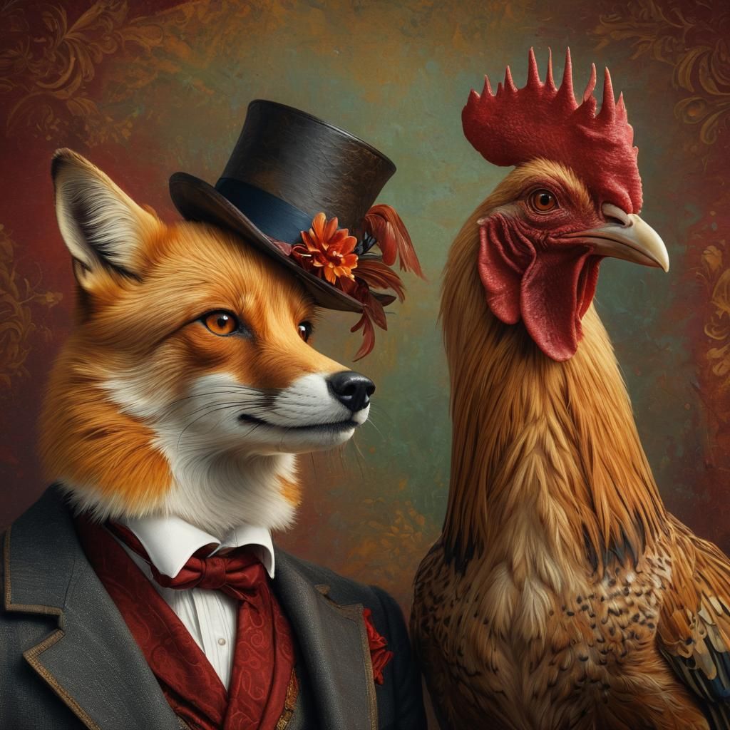 Victorian Fox Gentleman and Rooster Friend
