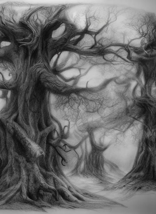 Fantasy Forest Suffocated by Clouds: Pencil and Charcoal Ske...