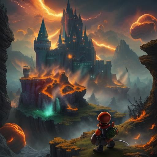 Epic Battle: Demon Mario vs Luigi in Fantasy Landscape