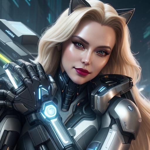 Cyborg Woman Hugging Metallic Cat in Sci-Fi Style