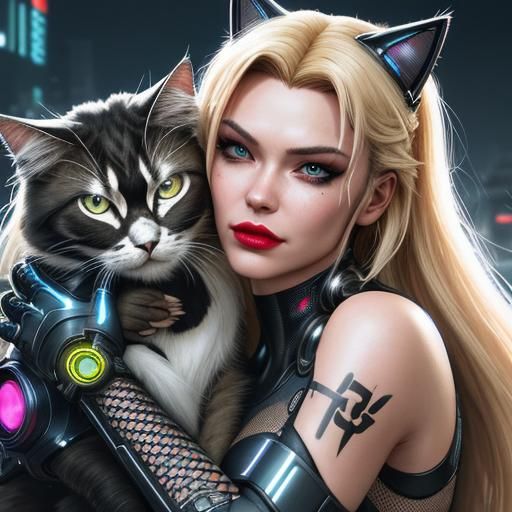 Cyborg and Cat in Cyberpunk Cityscape