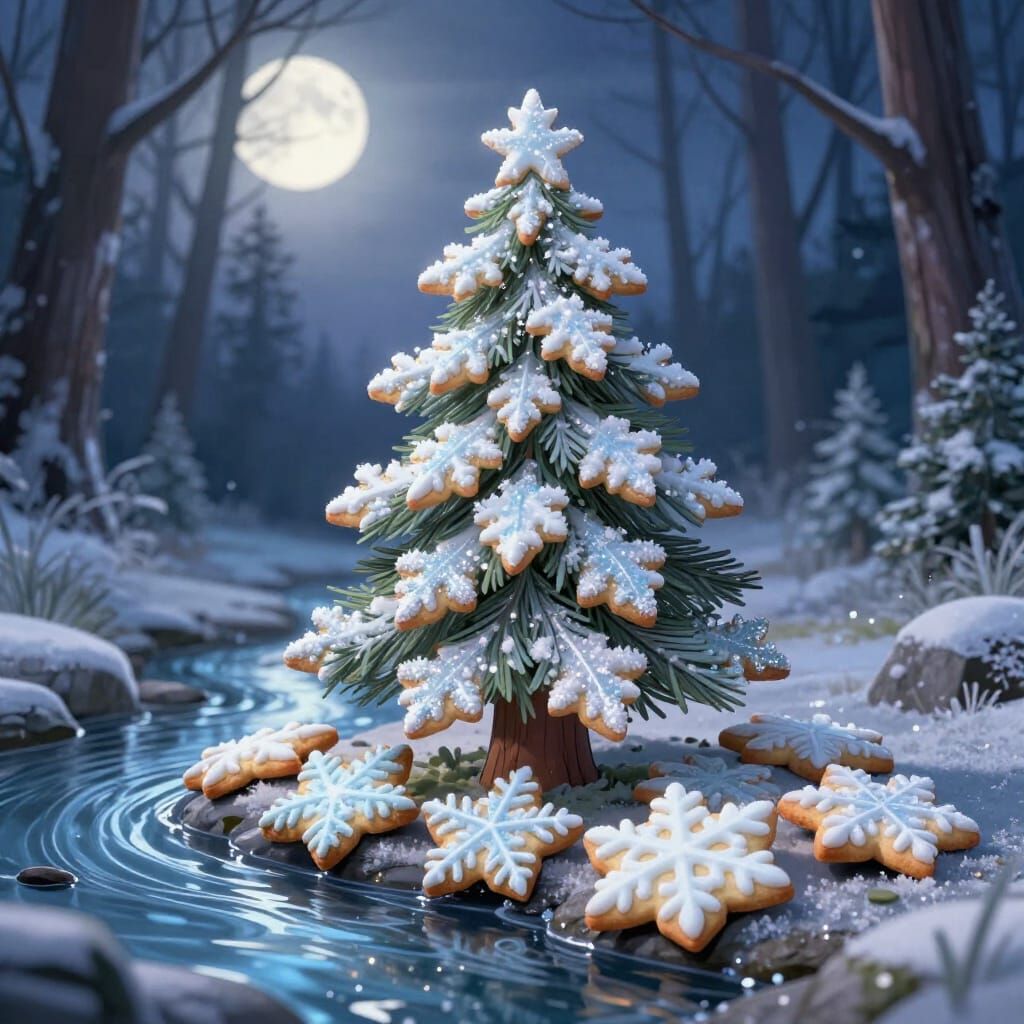 Whimsical Snowflake Cookie Pine Tree at Twilight