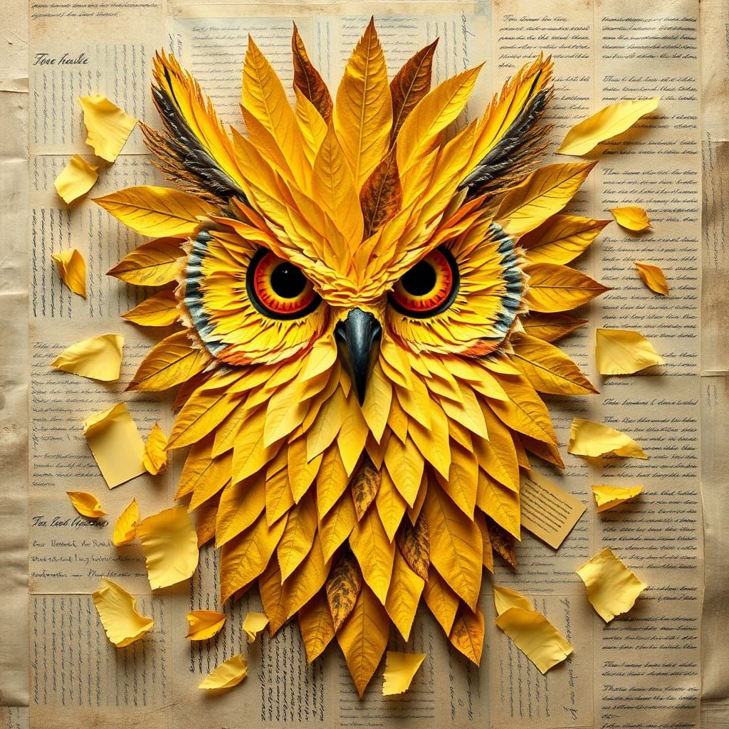 Owl Head Collage with Yellow Paper and Leaves