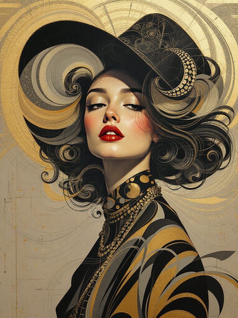 Elegant Woman with Swirling Hair in Art Deco Style