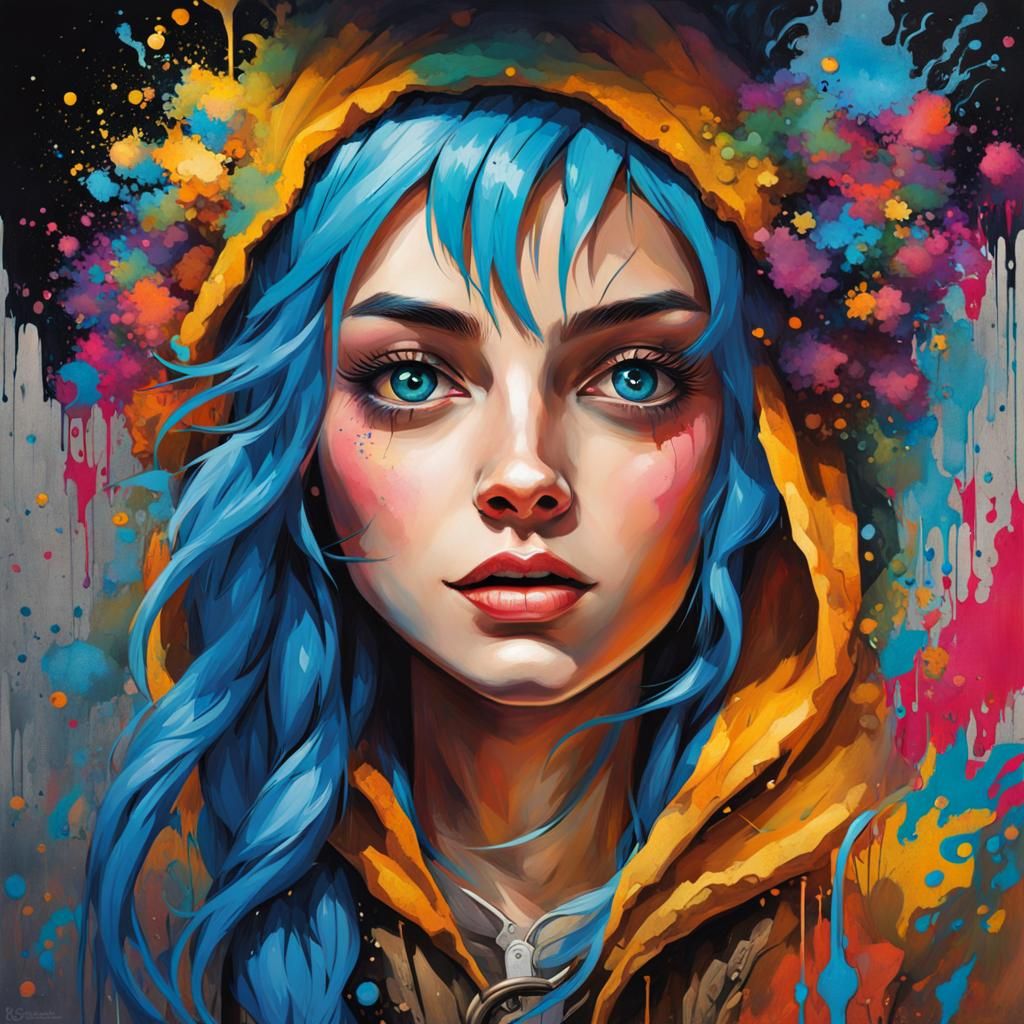 Blue-Haired Hobbit in Graffiti Art Style