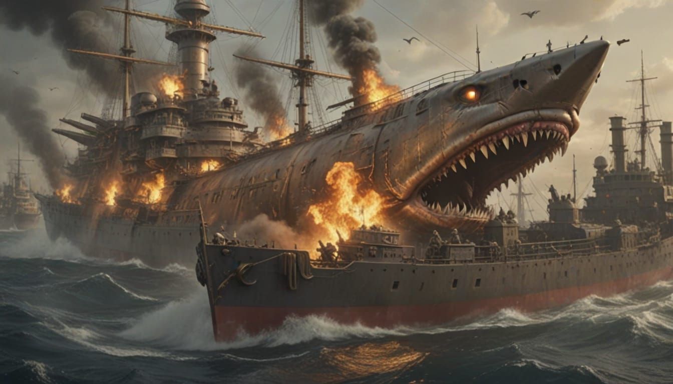 Steampunk Shark Battleship Rams Enemy in Fiery Seas
