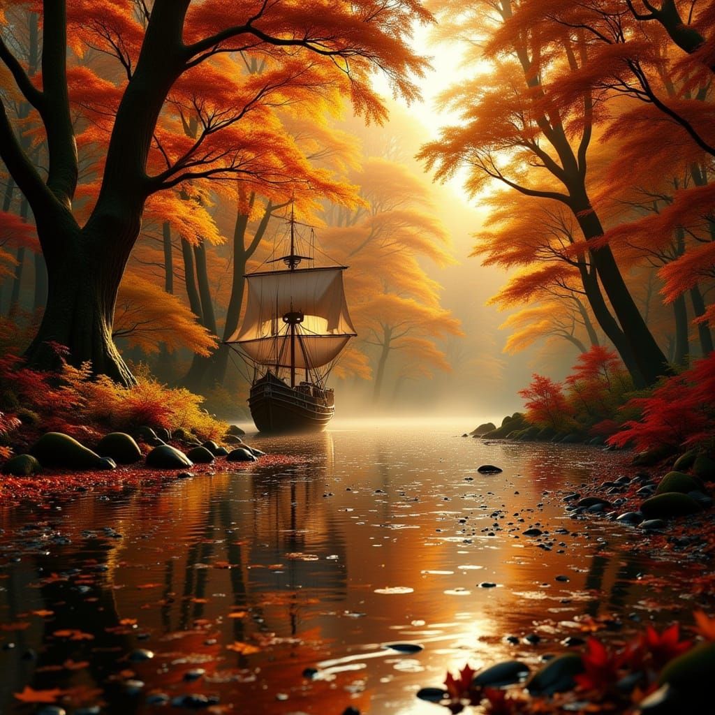 Pirate Ship on Autumn Sunset Puddle