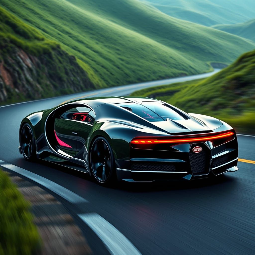 Luxurious Bugatti Speeds Down Winding Road in Futuristic Hig...