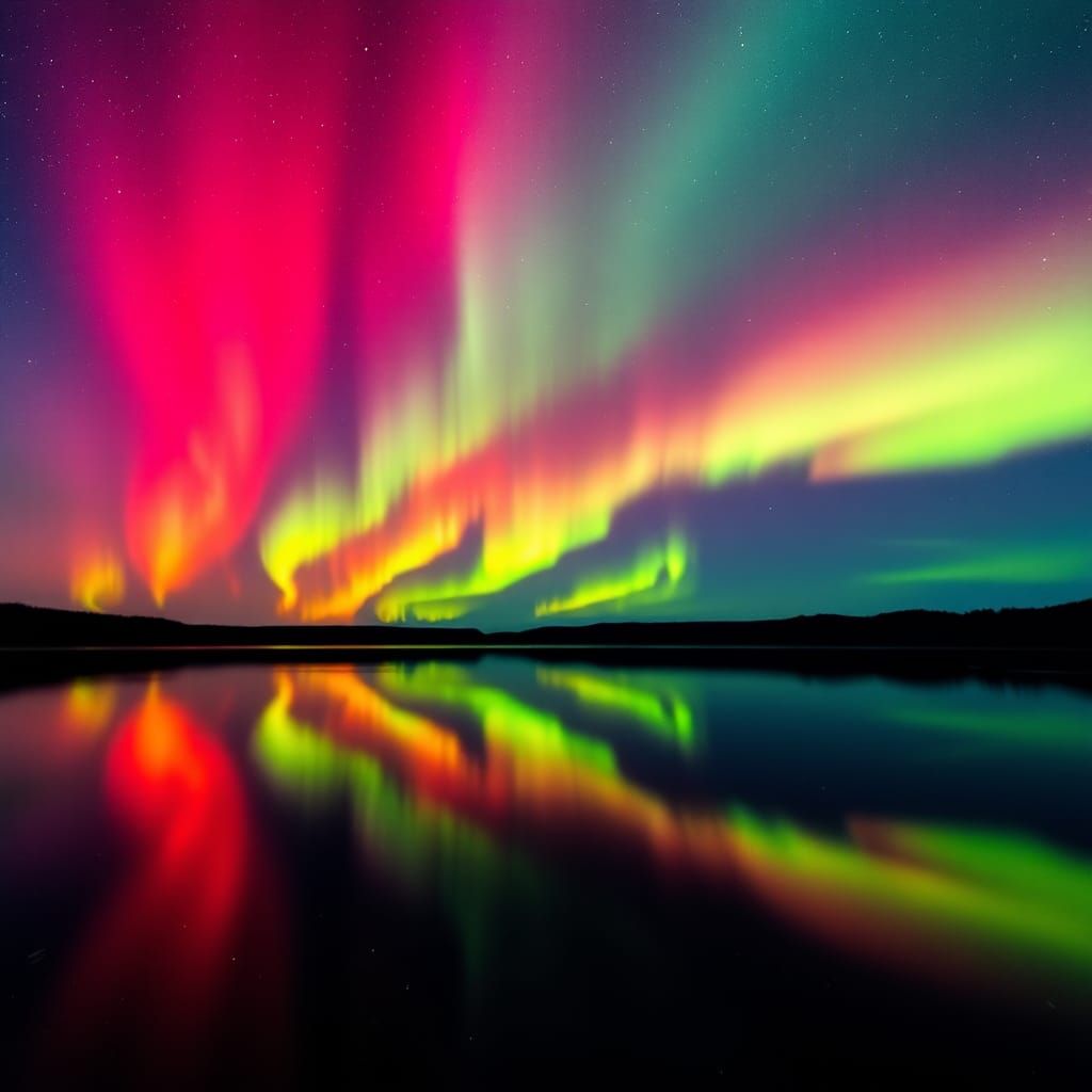 Intense Fluorescent Aurora Borealis Reflected in Lake
