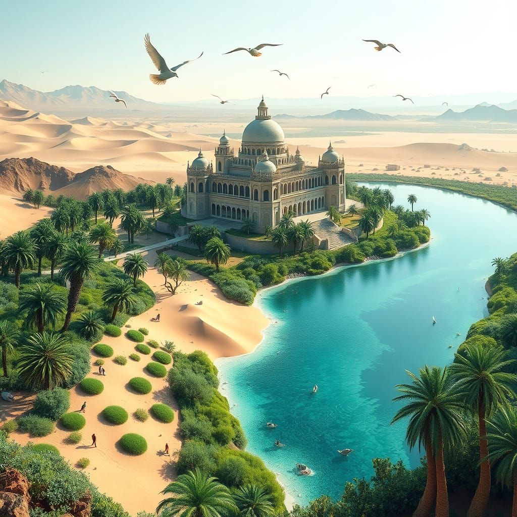 Green Oasis with Marble Palace in Fractal Art Style